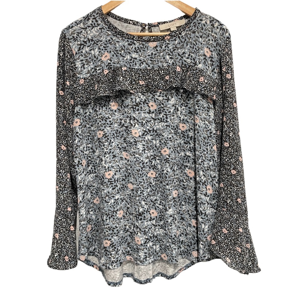 LOFT Womens Blue Floral Mixed Print Ruffle Long Sleeve Blouse Large Keyhole Back